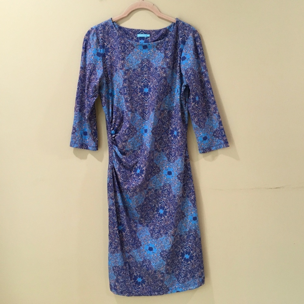 J. McLaughlin Sage Sheath Dress Astor Tile Medallion Print Ruched Blue Women S